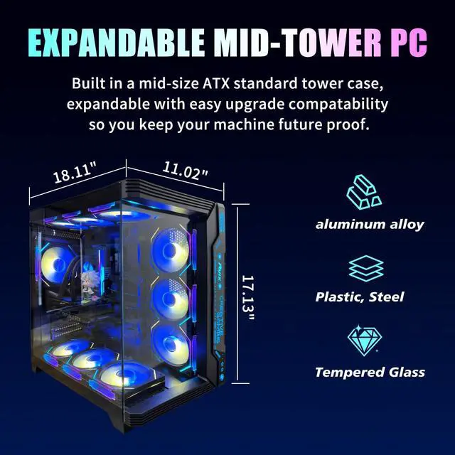 Alt view image 4 of 5 - Evounic Gaming PC Desktop Computer  i7 Xeon E5 10-Core, Radeon RX 580 8GB, 32GB DDR4 RAM, 512GB SSD, Wi-Fi 6 & Bluetooth 5.4, 10× ARGB Cooling Fans, Windows 11 Pro Gaming Tower