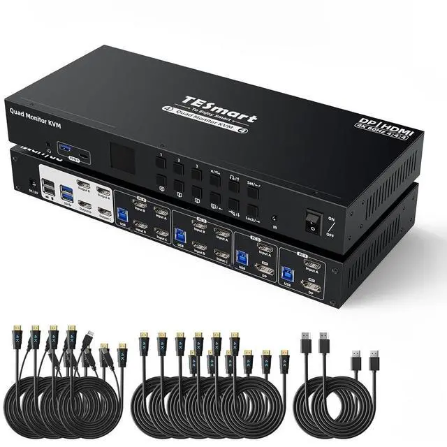 Main image of TESmart Quad Monitor HDMI+DP MST KVM Switch 4 Monitors 4 Computers 4K@60Hz, USB 3.0 KVM Docking Station, EDID emulators,Audio&Microphone, Hotkey Switch, Rack-Ears, with Input Cables