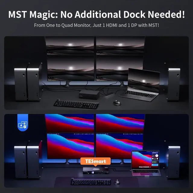 Alt view image 4 of 5 - TESmart Quad Monitor HDMI+DP MST KVM Switch 4 Monitors 4 Computers 4K@60Hz, USB 3.0 KVM Docking Station, EDID emulators,Audio&Microphone, Hotkey Switch, Rack-Ears, with Input Cables