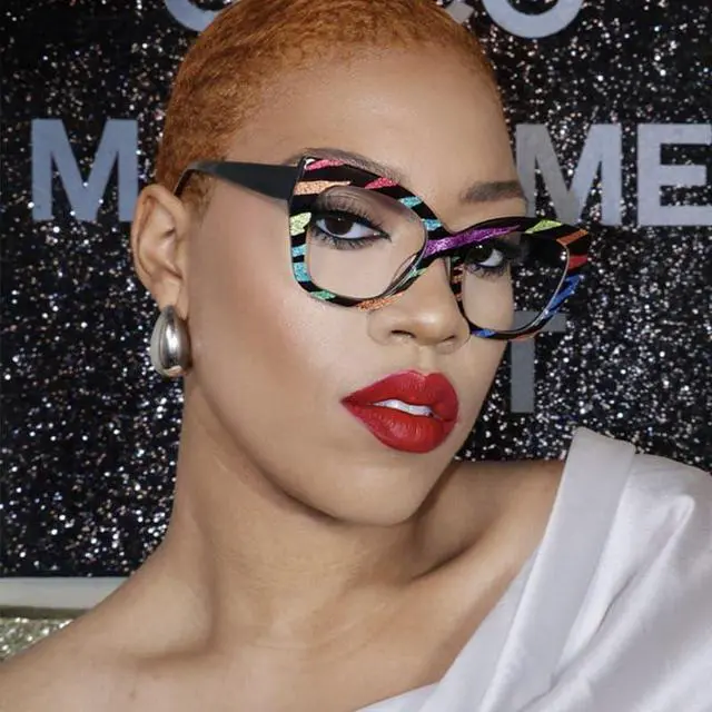 Alt view image 3 of 5 - VOOGLAM Square Women's Non-Prescription Glasses with HD Clear Lenses in Multicolor Stripe Acetate Frame