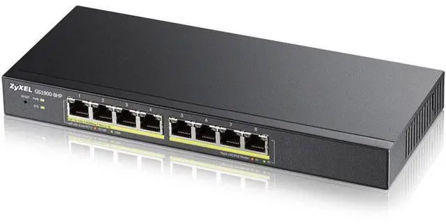Main image of Zyxel 8-Port Gigabit PoE Switch | Smart Managed | 8x PoE+ Ports @70 Watt Budget | VLAN, IGMP, QoS | Desktop/Wallmount | Fanless [GS1900-8HP]