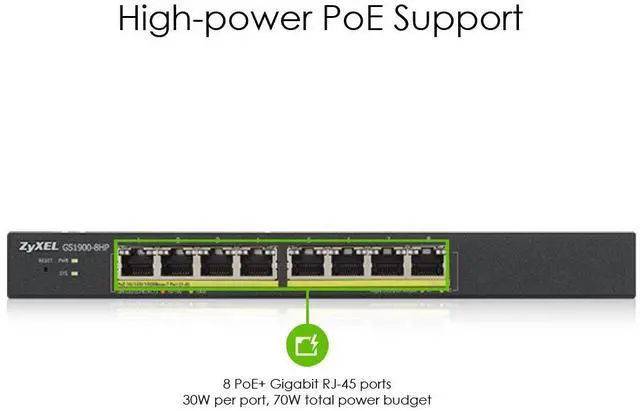 Alt view image 2 of 5 - Zyxel 8-Port Gigabit PoE Switch | Smart Managed | 8x PoE+ Ports @70 Watt Budget | VLAN, IGMP, QoS | Desktop/Wallmount | Fanless [GS1900-8HP]