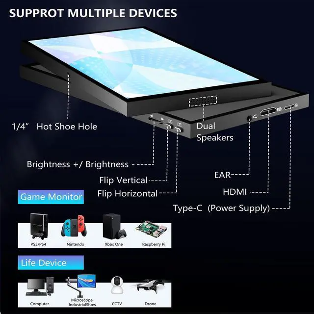 Alt view image 4 of 5 - AISHICHEN 6 inch Small Monitor, 2560 * 1440 Portable Monitor 4K HDMI Input 800Cd/, Mini IPS Display Build in Speakers&Earphone Jack 1/4 Screw Hot Shoe Hole for Camera/Raspberry PI/Gaming