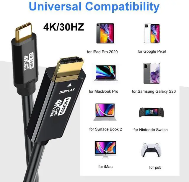 Alt view image 5 of 5 - YOTETION USB C to HDMI 30FT Cable, 4K@30Hz, Durable ABS Connector, Compatible with MacBook, iPad Pro, Laptop, TV, etc