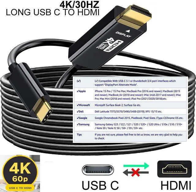 Alt view image 4 of 5 - YOTETION USB C to HDMI 30FT Cable, 4K@30Hz, Durable ABS Connector, Compatible with MacBook, iPad Pro, Laptop, TV, etc