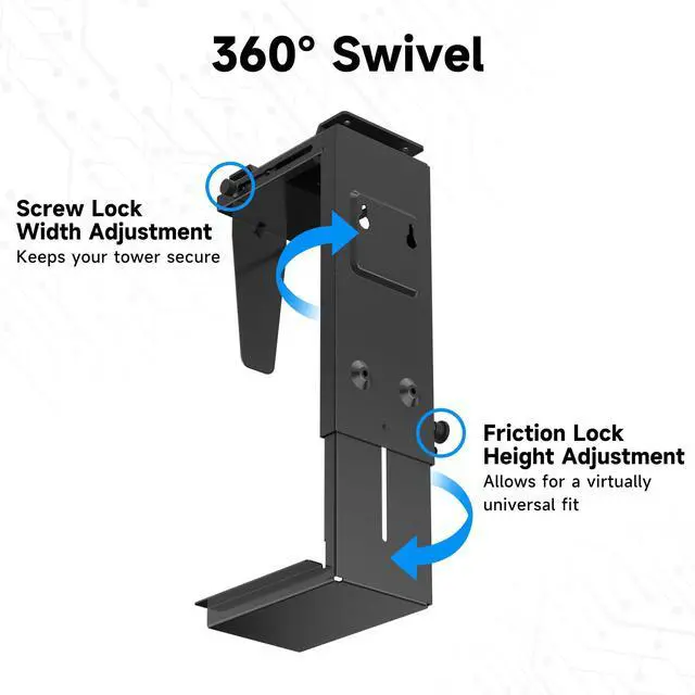 Alt view image 3 of 5 - Pholiten Under Desk CPU Mount,Universal PC Wall Mount,3.94 to 11.61 inch Wide Computer Case CPU Hanger Holder,Adjustable 360° Swivel, Secure Lock, Max Load 22Lbs
