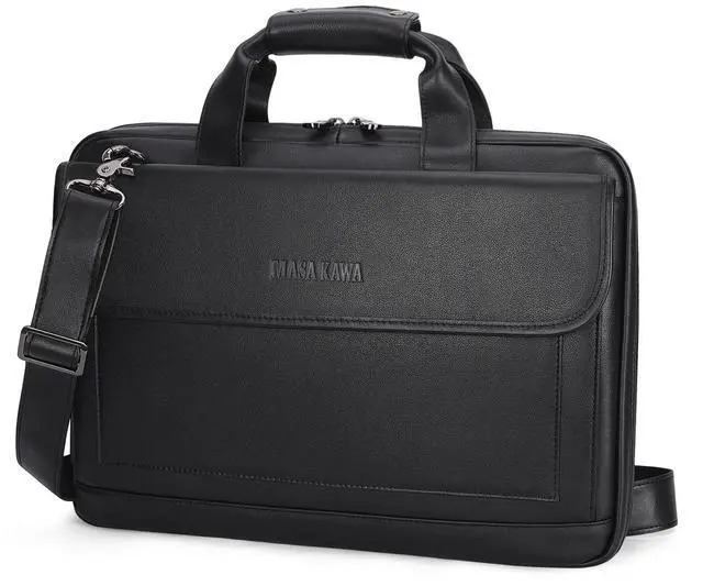 Main image of Masa Kawa Leather Briefcase for Men Slim 15.6" Laptop Bag Waterproof Crossbody Shoulder Messenger Computer Attache Case for Business Work, Black