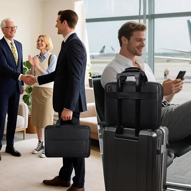 Alt view image 2 of 5 - Masa Kawa Leather Briefcase for Men Slim 15.6" Laptop Bag Waterproof Crossbody Shoulder Messenger Computer Attache Case for Business Work, Black