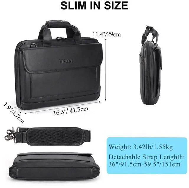 Alt view image 3 of 5 - Masa Kawa Leather Briefcase for Men Slim 15.6" Laptop Bag Waterproof Crossbody Shoulder Messenger Computer Attache Case for Business Work, Black