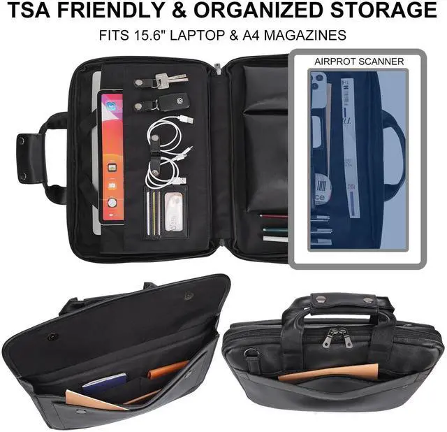 Alt view image 4 of 5 - Masa Kawa Leather Briefcase for Men Slim 15.6" Laptop Bag Waterproof Crossbody Shoulder Messenger Computer Attache Case for Business Work, Black