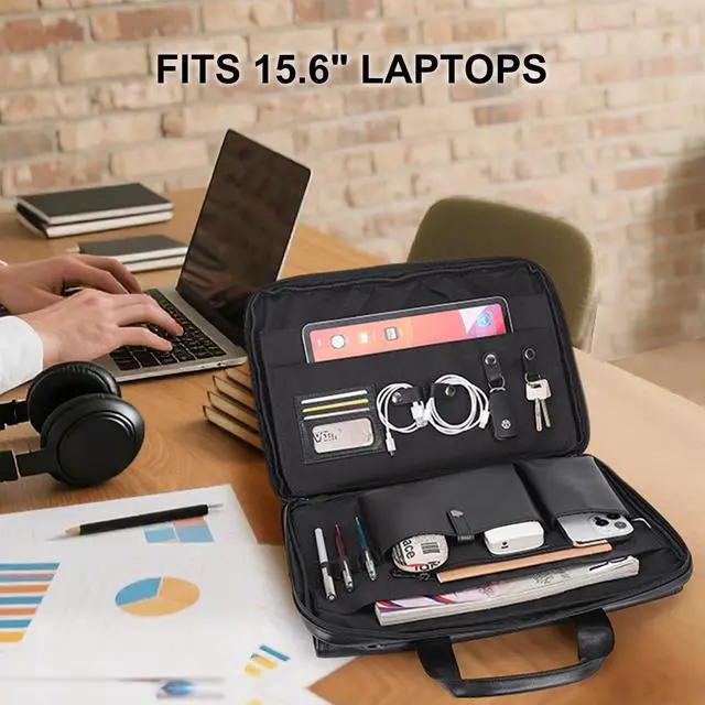 Alt view image 5 of 5 - Masa Kawa Leather Briefcase for Men Slim 15.6" Laptop Bag Waterproof Crossbody Shoulder Messenger Computer Attache Case for Business Work, Black