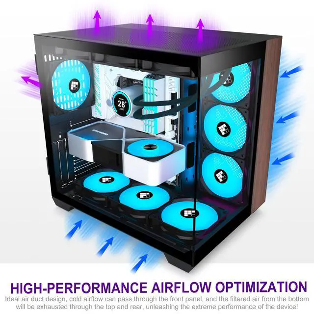 Alt view image 3 of 5 - FOIFKIN M9 PC Case -Genuine Walnut Wood, Pre-Installed 7 PWM ARGB Fan, ATX Mid-Tower Gaming PC Case, 270° Panoramic Glass, Type-C, Black, FOIFKIN (Black, 7*Fans)