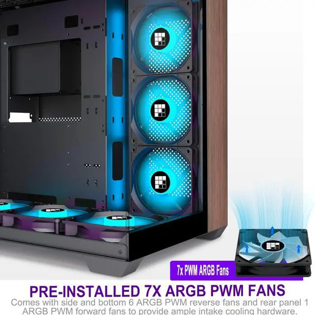 Alt view image 4 of 5 - FOIFKIN M9 PC Case -Genuine Walnut Wood, Pre-Installed 7 PWM ARGB Fan, ATX Mid-Tower Gaming PC Case, 270° Panoramic Glass, Type-C, Black, FOIFKIN (Black, 7*Fans)