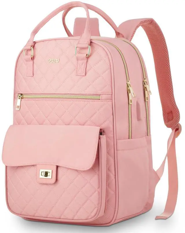 Main image of RJEU Backpack Boogbag for Women,Cute School Backpack for Teen Girls with Laptop Compartment,Quilted Stylish Computer Bag Big Book Bag for College Student Work,Pink
