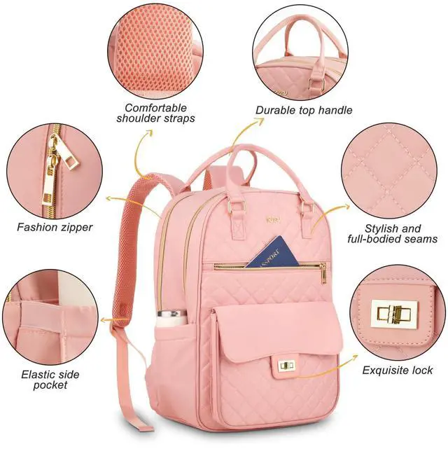 Alt view image 3 of 5 - RJEU Backpack Boogbag for Women,Cute School Backpack for Teen Girls with Laptop Compartment,Quilted Stylish Computer Bag Big Book Bag for College Student Work,Pink