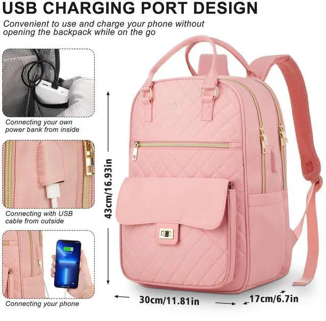 Alt view image 4 of 5 - RJEU Backpack Boogbag for Women,Cute School Backpack for Teen Girls with Laptop Compartment,Quilted Stylish Computer Bag Big Book Bag for College Student Work,Pink
