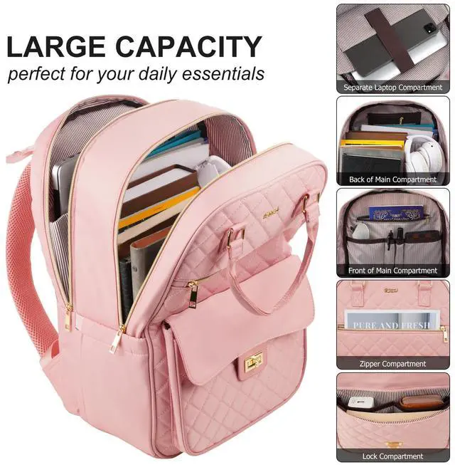 Alt view image 2 of 5 - RJEU Backpack Boogbag for Women,Cute School Backpack for Teen Girls with Laptop Compartment,Quilted Stylish Computer Bag Big Book Bag for College Student Work,Pink