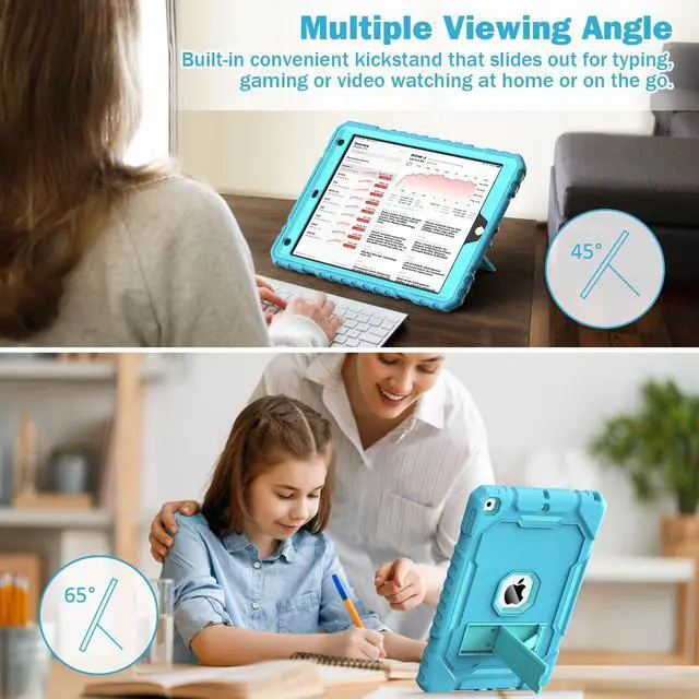 Alt view image 2 of 5 - Grifobes Case for iPad 9th/8th/7th Generation 10.2 Inch (2021/2020/2019), Kick Stand Heavy Duty Shockproof Rugged Protective 10.2" Cover for iPad 9 8 7 Gen for Kids Girls Women (Blue+Teal)