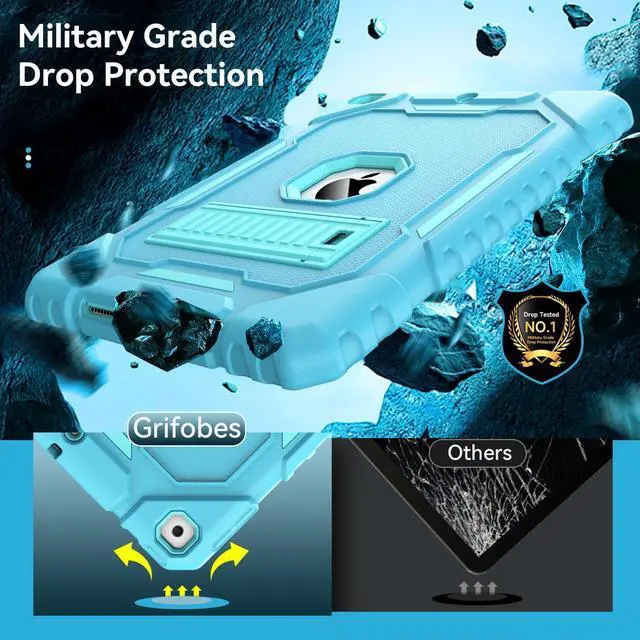 Alt view image 3 of 5 - Grifobes Case for iPad 9th/8th/7th Generation 10.2 Inch (2021/2020/2019), Kick Stand Heavy Duty Shockproof Rugged Protective 10.2" Cover for iPad 9 8 7 Gen for Kids Girls Women (Blue+Teal)