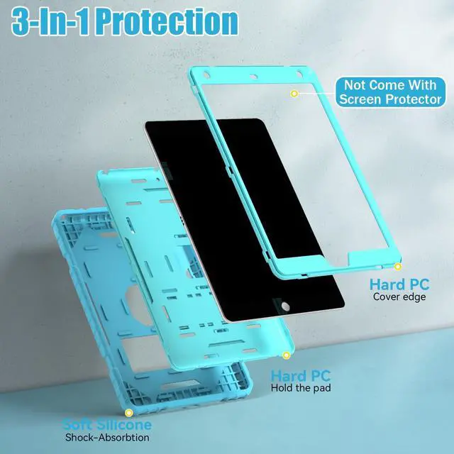 Alt view image 4 of 5 - Grifobes Case for iPad 9th/8th/7th Generation 10.2 Inch (2021/2020/2019), Kick Stand Heavy Duty Shockproof Rugged Protective 10.2" Cover for iPad 9 8 7 Gen for Kids Girls Women (Blue+Teal)