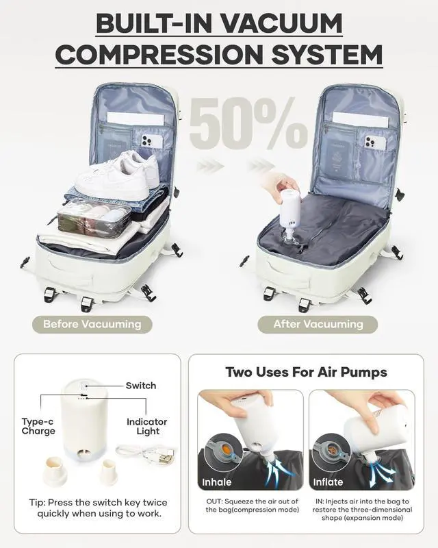 Alt view image 2 of 5 - coofay Vacuum Backpack Travel with Pump Vacpack Travel Backpack with Vacuum System Compression Backpacks