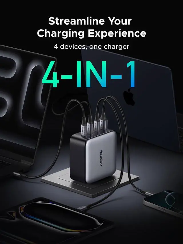 Alt view image 5 of 5 - UGREEN Nexode 200W GaN USB C Wall Charger, 4-Port Foldable Compact Fast Type-C Power Adapter Compatible with MacBook Pro/Air, Dell XPS, HP 14, iPad, iPhone 17/16/15 Series, Galaxy S25/S24, Pixel 10/9