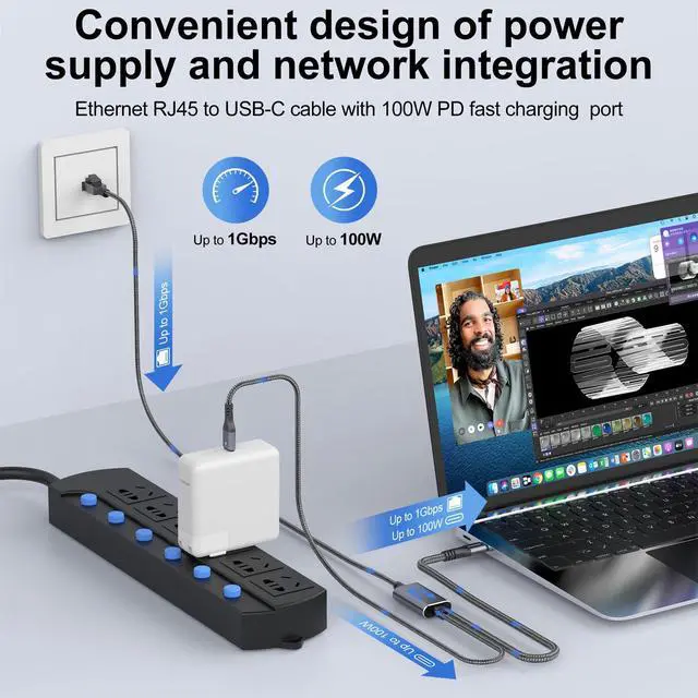 Alt view image 2 of 5 - Dutevolns USB C to Ethernet Cable with Charging 10 Feet, USB-C Male 100W PD & Gigabit LAN Two in One, Type C to RJ45 Nylon Cord with Power Delivery (PD Next to USB C Port), for MacBook, Windows10/11