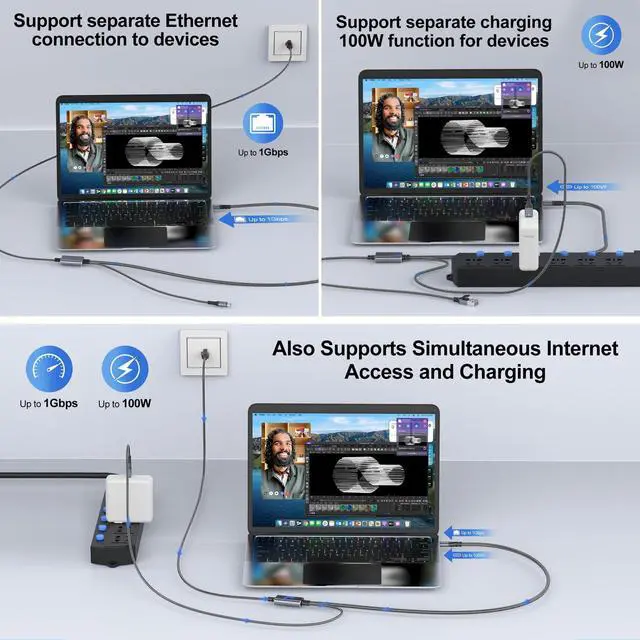 Alt view image 3 of 5 - Dutevolns USB C to Ethernet Cable with Charging 10 Feet, USB-C Male 100W PD & Gigabit LAN Two in One, Type C to RJ45 Nylon Cord with Power Delivery (PD Next to USB C Port), for MacBook, Windows10/11