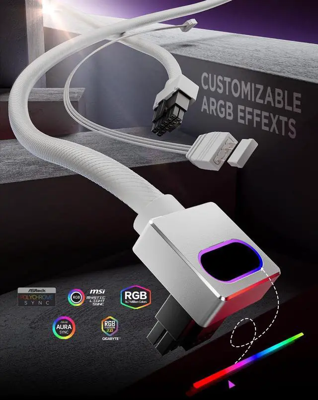 Alt view image 2 of 5 - AsiaHorse Hydrus-16PIN GPU PSU Extension Cable ARGB Light, Copper Wire Motherboard Power Extension Cable Integrated Minimalist Design, 2000W Power (Whole Set), PC Power Cord for RTX 4070, 4080, 4090