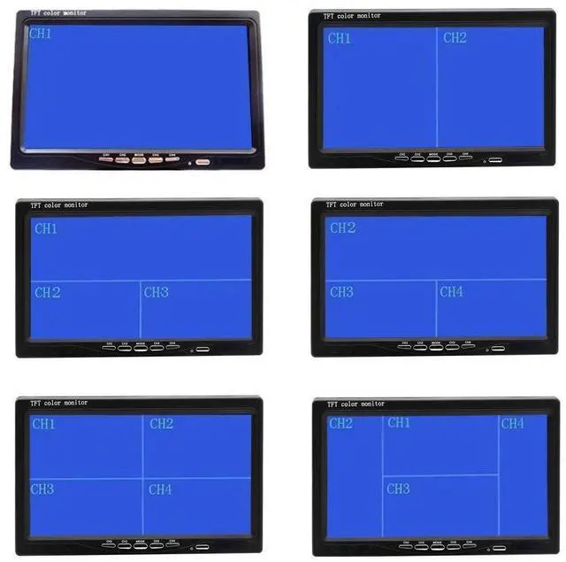 Alt view image 2 of 5 - Hikity 7 Inch Vehicle Backup Camera Monitor only, Quad Split HD LCD Display Screen, Car Monitor for SUV Van RV Truck, V1/V2/V3/V4 Video Input, 9V/36V + Headrest Mounting Bracket & Dash Stand