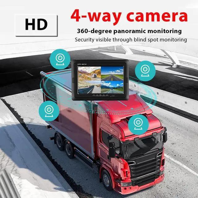 Alt view image 3 of 5 - Hikity 7 Inch Vehicle Backup Camera Monitor only, Quad Split HD LCD Display Screen, Car Monitor for SUV Van RV Truck, V1/V2/V3/V4 Video Input, 9V/36V + Headrest Mounting Bracket & Dash Stand
