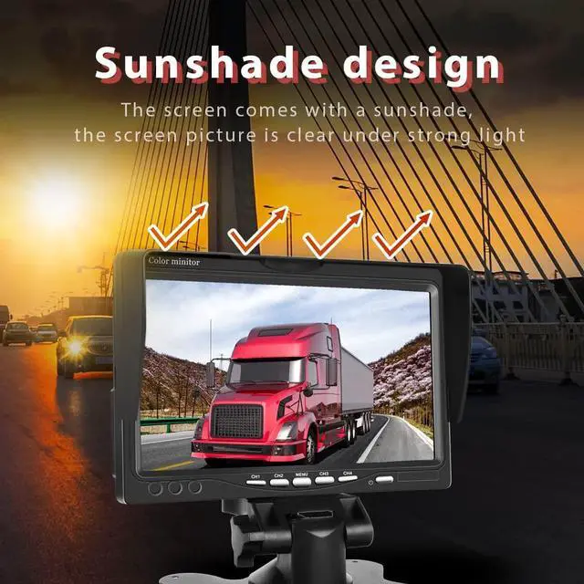 Alt view image 4 of 5 - Hikity 7 Inch Vehicle Backup Camera Monitor only, Quad Split HD LCD Display Screen, Car Monitor for SUV Van RV Truck, V1/V2/V3/V4 Video Input, 9V/36V + Headrest Mounting Bracket & Dash Stand