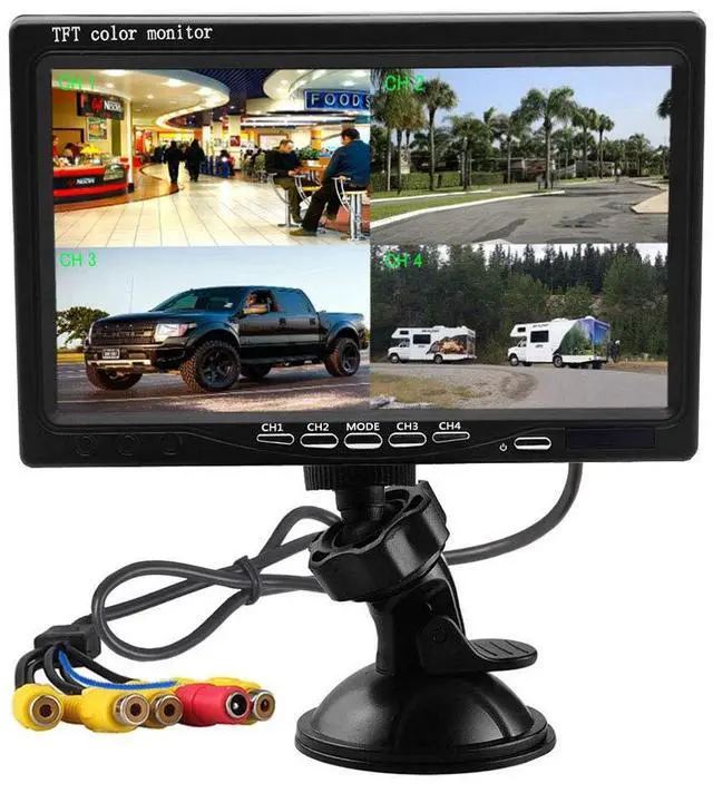 Main image of Hikity 7 Inch Vehicle Backup Camera Monitor only, Quad Split HD LCD Display Screen, Car Monitor for SUV Van RV Truck, V1/V2/V3/V4 Video Input, 9V/36V + Headrest Mounting Bracket & Dash Stand