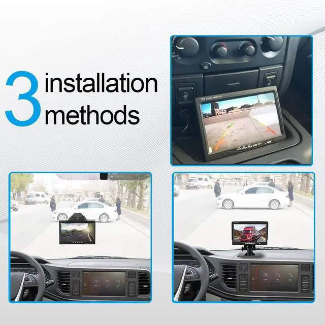 Alt view image 5 of 5 - Hikity 7 Inch Vehicle Backup Camera Monitor only, Quad Split HD LCD Display Screen, Car Monitor for SUV Van RV Truck, V1/V2/V3/V4 Video Input, 9V/36V + Headrest Mounting Bracket & Dash Stand