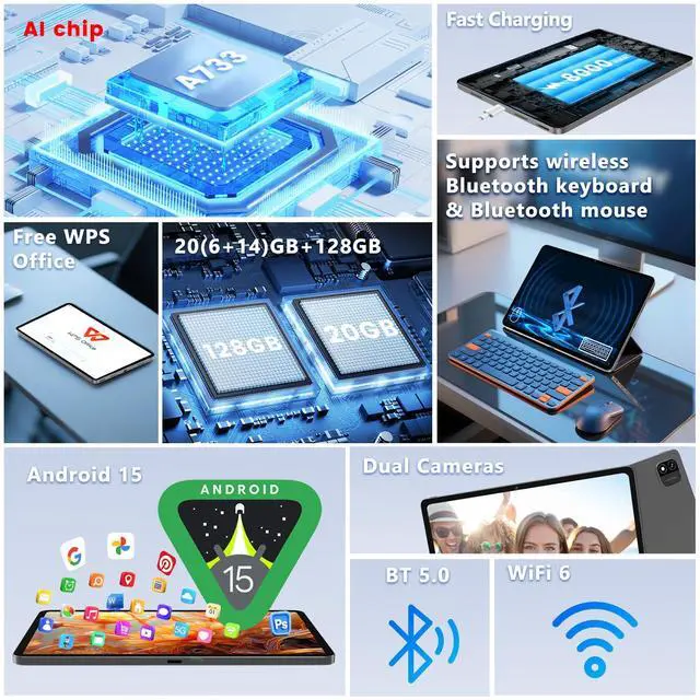 Alt view image 3 of 5 - Tablet, Android 15 Tablet, 20GB RAM 128GB ROM 1TB Expansion, A733 8-Core Processor, 12 inch Large Touch Screen 2K Display, 5MP+13MP Camera, WiFi6, 8000mAh Battery, Support 20W Fast Charge, Metal Grey