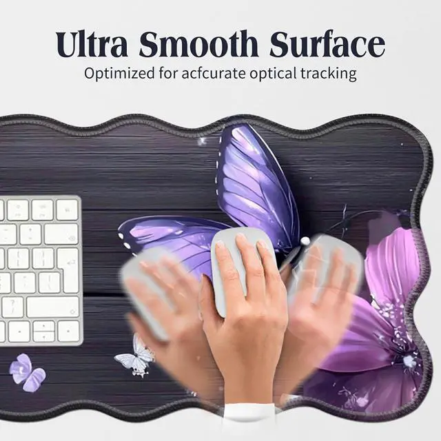 Alt view image 5 of 5 - BFDHGQZC Purple and Pink Flowers On Wooden Desk Mat Large Mouse Pad 31.5"x11.8" Desk Rubber Base Mousepad with Stitched Edges Big Desk Pad for Work,Game,Office,Home