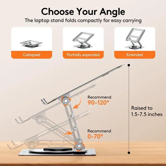 Alt view image 3 of 5 - TECKNET Laptop Stand for Desk, 360 Rotating Base, Ergonomic Foldable Computer Stand for Laptop Riser Height Adjustable, Compatible with MacBook Pro, All Laptops 10-17" - Silver