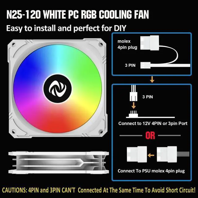 Alt view image 3 of 5 - NVRADCHUA 120mm Case Fan 3 Pack RGB Case Fans, N25-120 White Silent 1,200rpm PC Fans, Hydraulic Bearing - White 120mm RGB Fans with 12v 3 pin and molex 4 pin PSU plug Computer Fans for PC Case