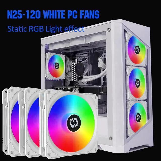 Alt view image 2 of 5 - NVRADCHUA 120mm Case Fan 3 Pack RGB Case Fans, N25-120 White Silent 1,200rpm PC Fans, Hydraulic Bearing - White 120mm RGB Fans with 12v 3 pin and molex 4 pin PSU plug Computer Fans for PC Case