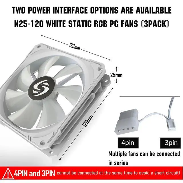 Alt view image 4 of 5 - NVRADCHUA 120mm Case Fan 3 Pack RGB Case Fans, N25-120 White Silent 1,200rpm PC Fans, Hydraulic Bearing - White 120mm RGB Fans with 12v 3 pin and molex 4 pin PSU plug Computer Fans for PC Case