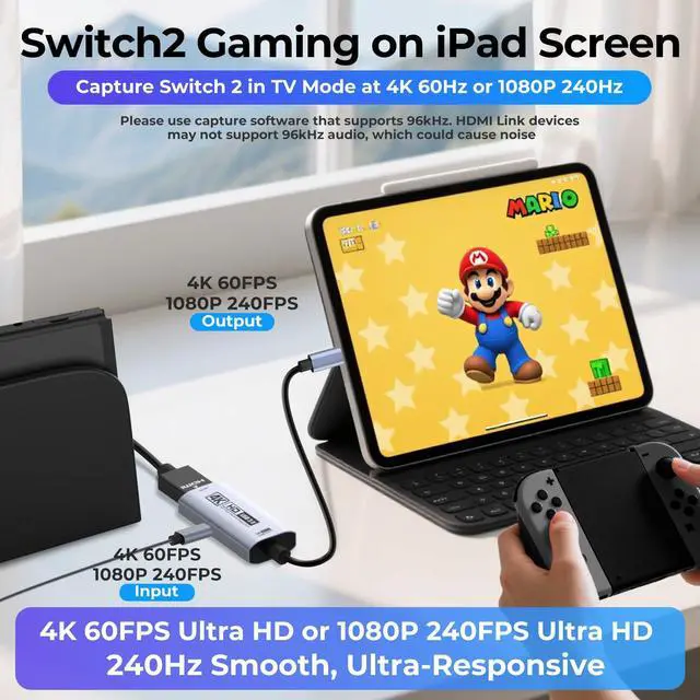 Alt view image 2 of 5 - Guermok 4K USB3.0 Video Capture Card with PD 100W, 4K@60FPS or 2K@144FPS HDMI to USB-A/C Capture Card for Streaming, Works with Pad, Tablet, MacOS, Switch2/1, Laptop, PC, Camera, VR, Silver