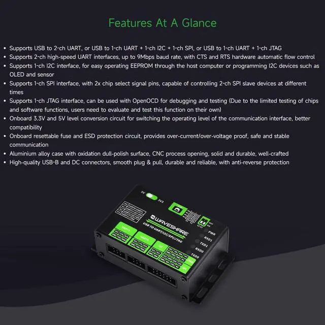 Alt view image 4 of 5 - Waveshare USB to UART/I2C/SPI/JTAG Converter, Supports Multiple Interfaces, Compatible with 3.3V and 5V, Multiple Systems Support, Support Linux (Only for Raspberry Pi)