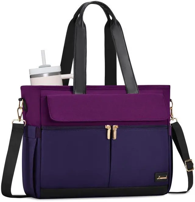 Main image of LOVEVOOK Upgrade Version Work Bags for Women 15.6 Inch Laptop Bag Large Capacity Mutiple Pockets Teacher Bag Water Resistant Canvas Tote Bag Purse for Office Travel Nurse Teacher, Dark Purple-Black