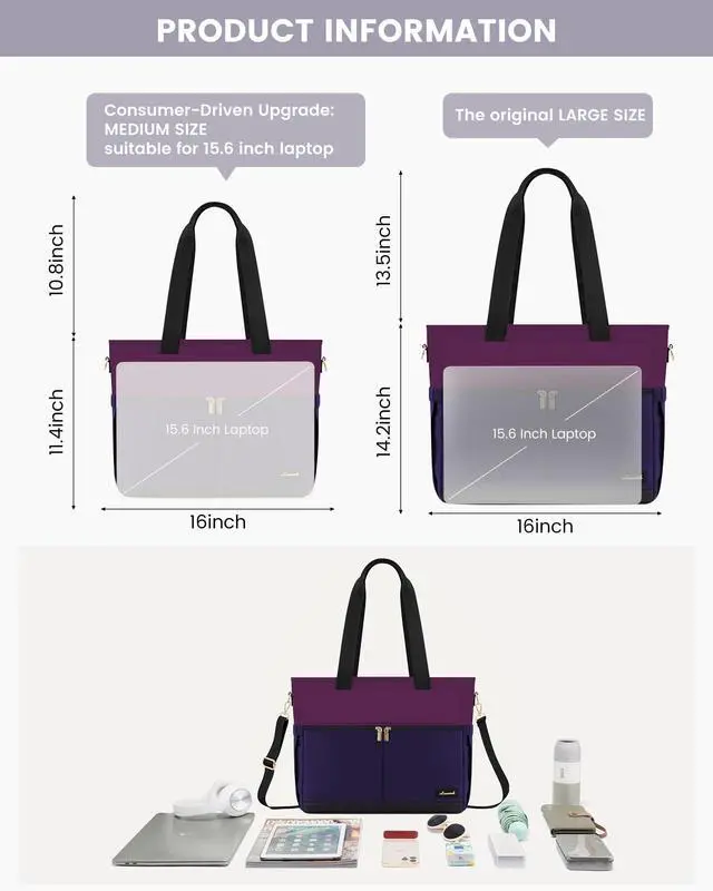 Alt view image 3 of 5 - LOVEVOOK Upgrade Version Work Bags for Women 15.6 Inch Laptop Bag Large Capacity Mutiple Pockets Teacher Bag Water Resistant Canvas Tote Bag Purse for Office Travel Nurse Teacher, Dark Purple-Black