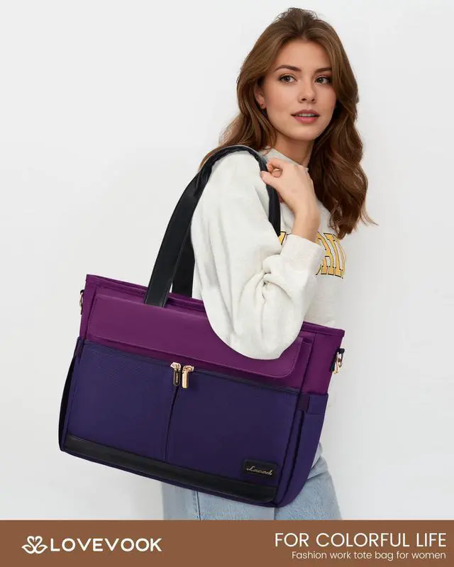 Alt view image 2 of 5 - LOVEVOOK Upgrade Version Work Bags for Women 15.6 Inch Laptop Bag Large Capacity Mutiple Pockets Teacher Bag Water Resistant Canvas Tote Bag Purse for Office Travel Nurse Teacher, Dark Purple-Black