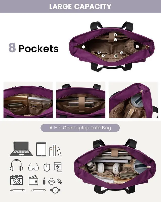 Alt view image 5 of 5 - LOVEVOOK Upgrade Version Work Bags for Women 15.6 Inch Laptop Bag Large Capacity Mutiple Pockets Teacher Bag Water Resistant Canvas Tote Bag Purse for Office Travel Nurse Teacher, Dark Purple-Black