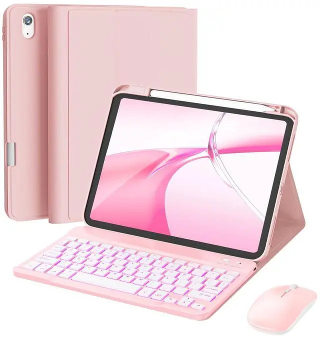 Main image of RAYMCRAFT for iPad 11th (A16, 2025) / 10th Generation Case with Keyboard, Mouse and Detachable Wireless Keyboard, 7-Color Backlight, Slim Case with Pencil Holder, Pink