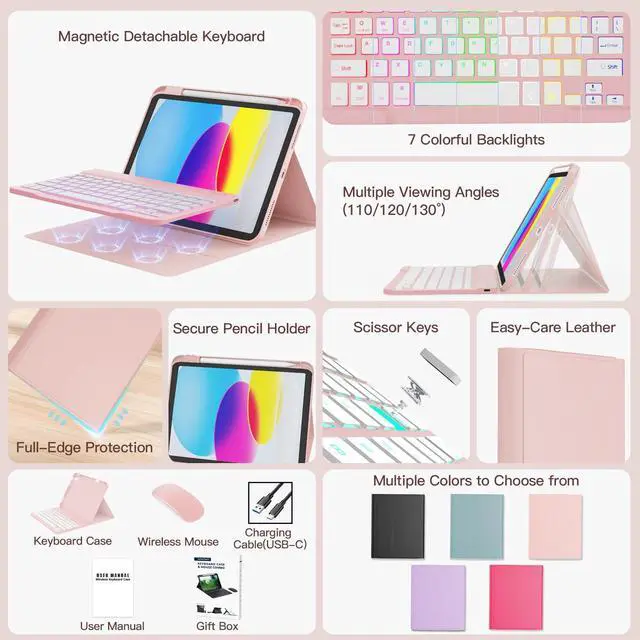 Alt view image 3 of 5 - RAYMCRAFT for iPad 11th (A16, 2025) / 10th Generation Case with Keyboard, Mouse and Detachable Wireless Keyboard, 7-Color Backlight, Slim Case with Pencil Holder, Pink