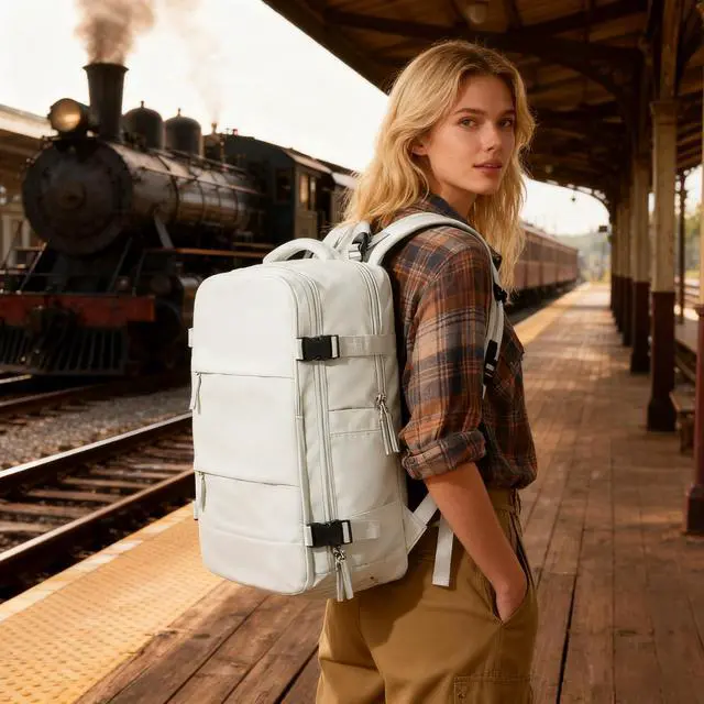 Alt view image 2 of 5 - Vacuum Backpack Travel with Electric Vacpack Pump, Vacuum Compression Bags Travel Backpack for Women Men, Flight Approved Waterproof Carry on Backpacks Laptop Work Weekender Daypack, White, Medium