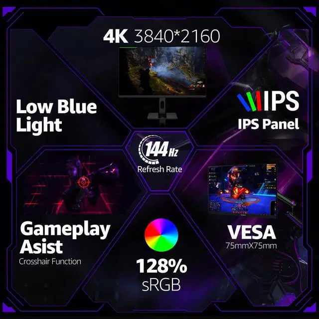 Alt view image 2 of 5 - Gawfolk 27 Inch 4K Gaming Monitor IPS, UHD 3840 x 2160p 144Hz PC Computer Monitors IPS Screen for Home & Office, HDMI, DisplayPort, Wall Mount Compatible